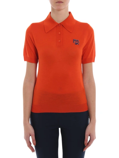 Shop Prada Logo Intarsia Orange  Knit Wool Polo Shirt