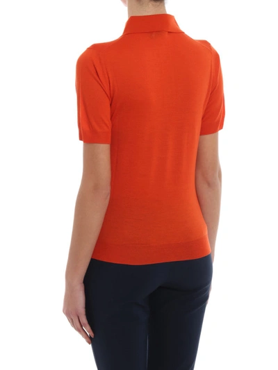 Shop Prada Logo Intarsia Orange  Knit Wool Polo Shirt