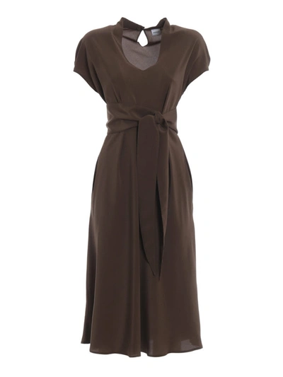 Shop Aspesi Pure Silk Loose Fit Dress With Sash In Dark Green