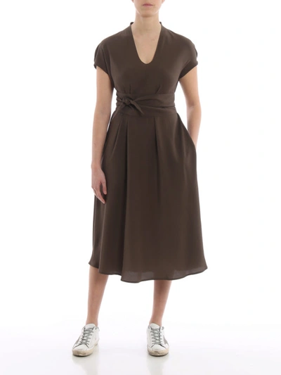 Shop Aspesi Pure Silk Loose Fit Dress With Sash In Dark Green