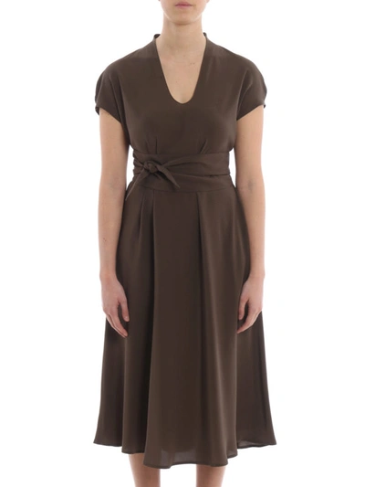 Shop Aspesi Pure Silk Loose Fit Dress With Sash In Dark Green