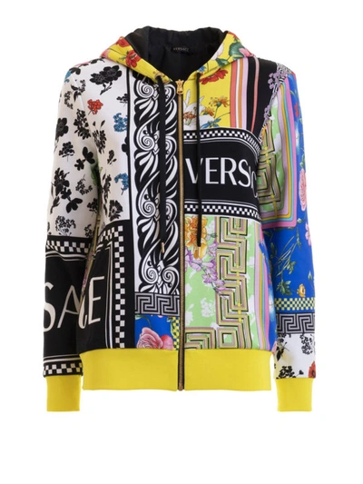 Shop Versace Printed Cotton Fleece Zip Up Hoodie In Multicolour