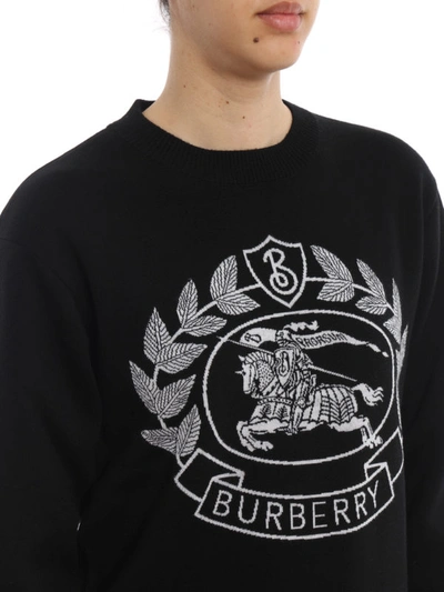 Shop Burberry Black Logo Embroidery Cotton Blend Crew Neck