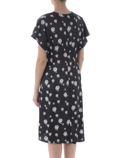 Shop Kenzo Rose Print Satin Draped Dress In Black