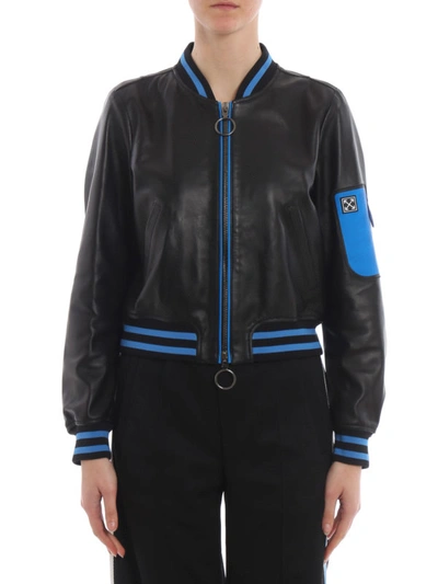 Shop Off-white Regular Fit Leather Bomber Jacket In Black