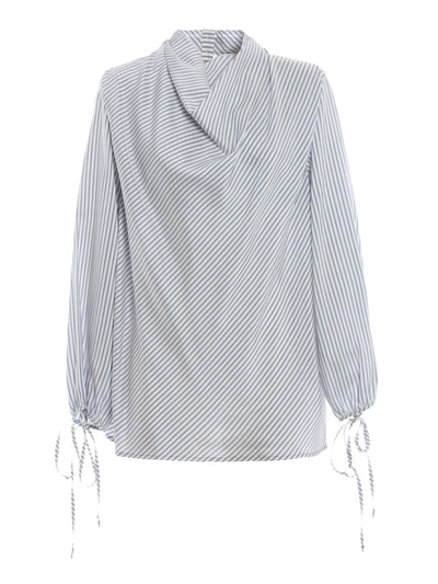 Shop Loewe Striped Silk Cowl Collar Blouse In Light Blue