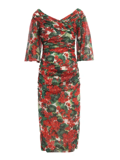 Shop Dolce & Gabbana Portofino Print Silk Chiffon Draped Dress In Red