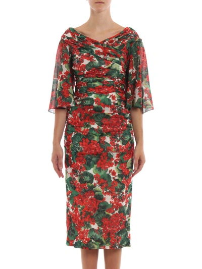 Shop Dolce & Gabbana Portofino Print Silk Chiffon Draped Dress In Red