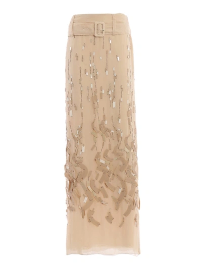 Shop Prada Embellished Chiffon Long Skirt In Nude And Neutrals