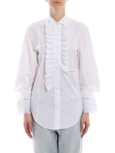 Shop Loewe White Cotton Embroidered Ruffle Shirt