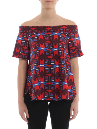 Shop Aspesi Patterned Cotton Off The Shoulder Blouse In Red