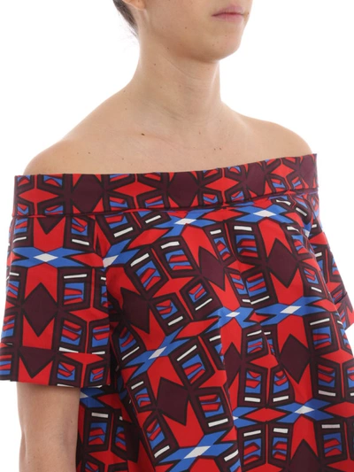 Shop Aspesi Patterned Cotton Off The Shoulder Blouse In Red
