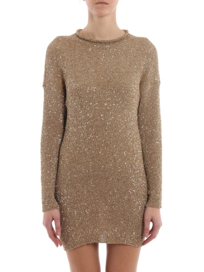 Shop Saint Laurent Sequin Embellished Sweater Style Dress In Gold