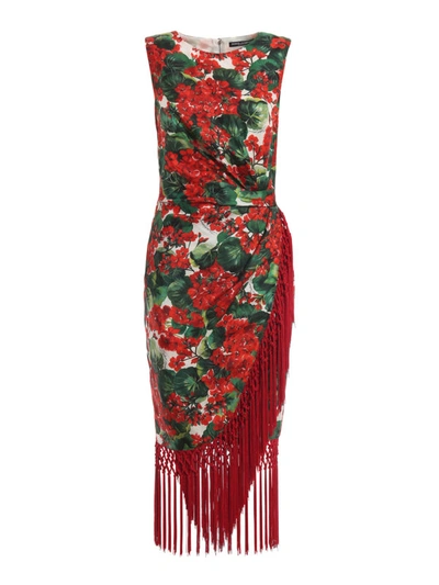 Shop Dolce & Gabbana Floral Silk Draped Dress With Fringes In Red