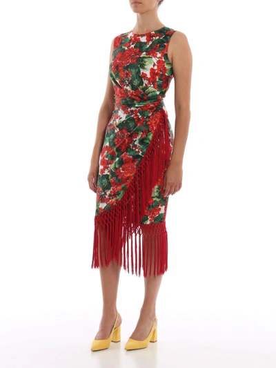 Shop Dolce & Gabbana Floral Silk Draped Dress With Fringes In Red