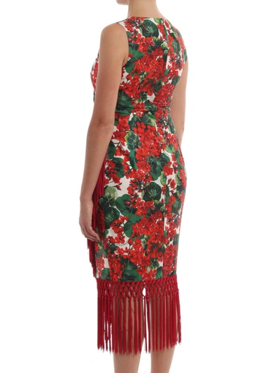 Shop Dolce & Gabbana Floral Silk Draped Dress With Fringes In Red