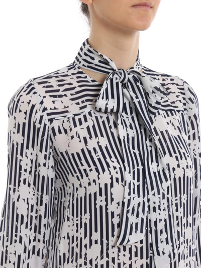 Shop Michael Kors Tie Neck Flower Stripe Silk Shirt Dress In Dark Blue