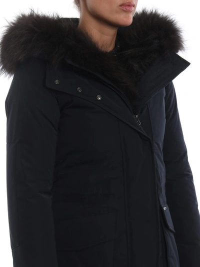 Shop Woolrich Fur Trimmed Dark Blue Padded Military Parka