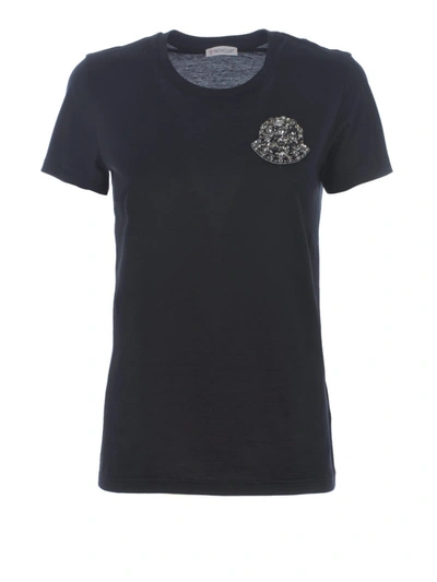 Shop Moncler Logo Embroidery Black Cotton T-shirt