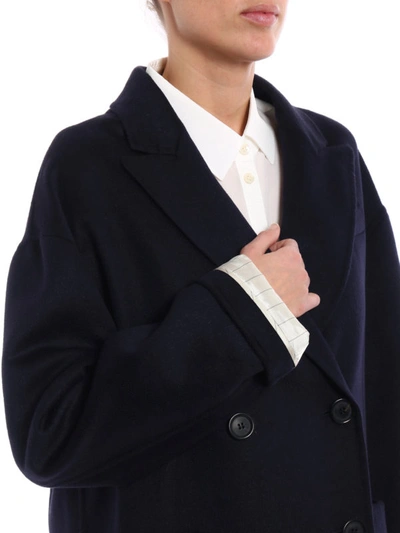 Shop Prada Cashgora Long Double-breasted Coat In Blue