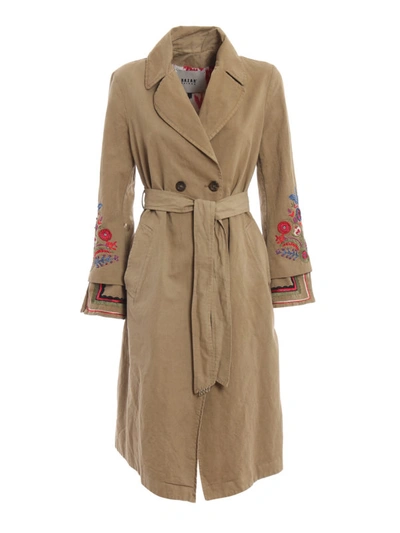 Shop Bazar Deluxe Embroidered Cotton And Linen Trench Coat In Dark Beige