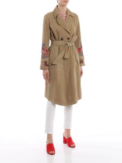 Shop Bazar Deluxe Embroidered Cotton And Linen Trench Coat In Dark Beige