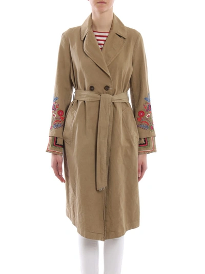 Shop Bazar Deluxe Embroidered Cotton And Linen Trench Coat In Dark Beige