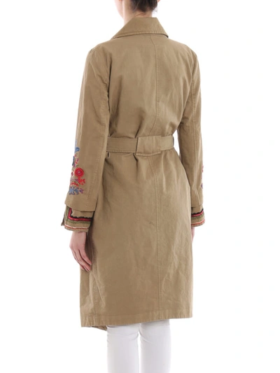 Shop Bazar Deluxe Embroidered Cotton And Linen Trench Coat In Dark Beige