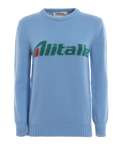 Shop Alberta Ferretti Alitalia Logo Intarsia Blue Wool Sweater In Light Blue