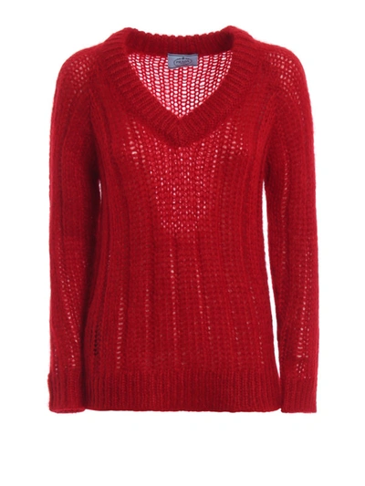 Shop Prada Red Ribbed Mohair And Wool V Neck Sweater
