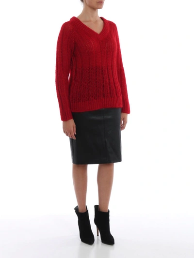 Shop Prada Red Ribbed Mohair And Wool V Neck Sweater