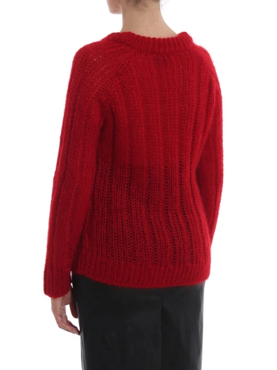 Shop Prada Red Ribbed Mohair And Wool V Neck Sweater