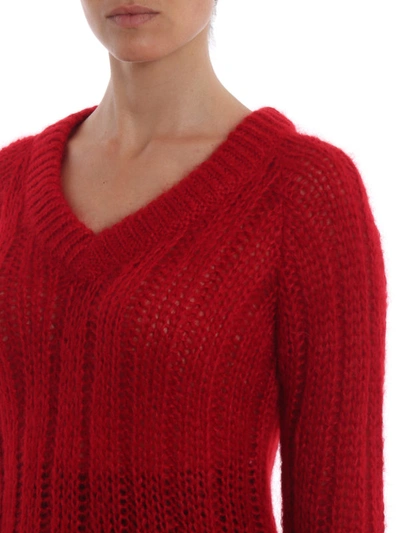 Shop Prada Red Ribbed Mohair And Wool V Neck Sweater