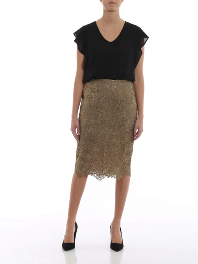 Shop Valentino See-through Glittering Metallic Lace Skirt In Gold