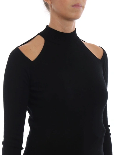 Shop Michael Kors Cut-out Shoulder Mock Neck Wool Sweater In Black