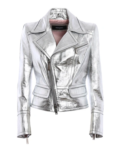 Shop Dsquared2 Laminated Leather Waisted Jacket In Silver