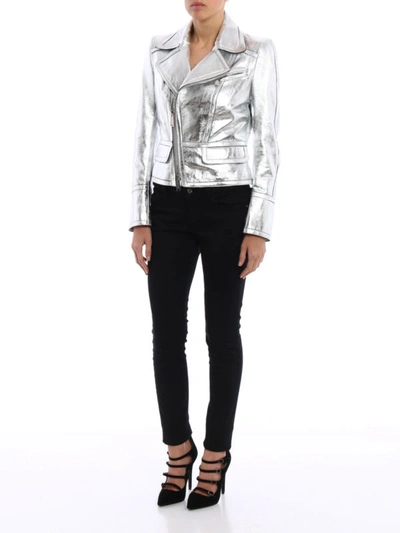 Shop Dsquared2 Laminated Leather Waisted Jacket In Silver
