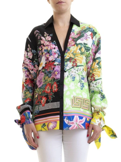 Shop Versace Floral Printed Silk Twill Shirt In Multicolour