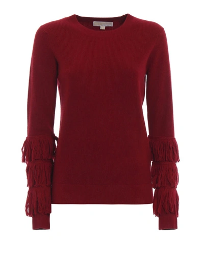 Shop Michael Kors Fringe Sleeve Maroon Cashmere Blend Sweater In Dark Red