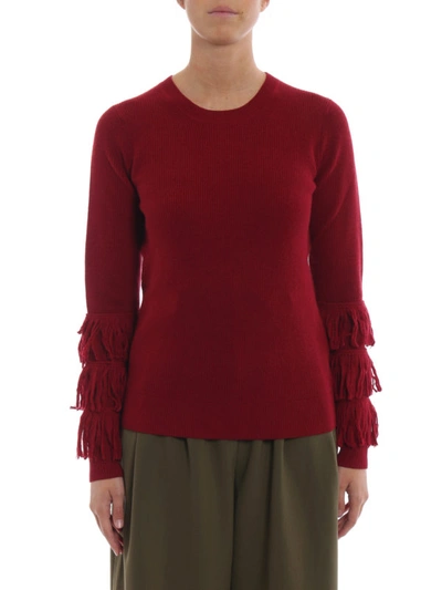 Shop Michael Kors Fringe Sleeve Maroon Cashmere Blend Sweater In Dark Red