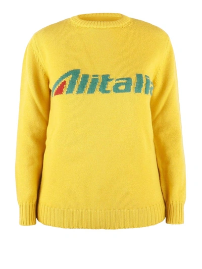 Shop Alberta Ferretti Alitalia Logo Intarsia Yellow Wool Sweater