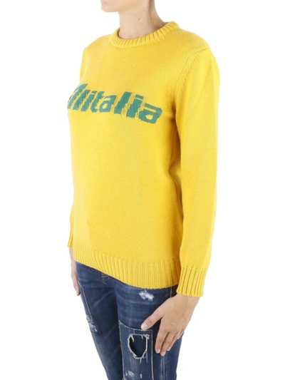 Shop Alberta Ferretti Alitalia Logo Intarsia Yellow Wool Sweater