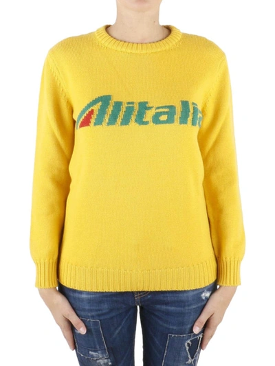Shop Alberta Ferretti Alitalia Logo Intarsia Yellow Wool Sweater