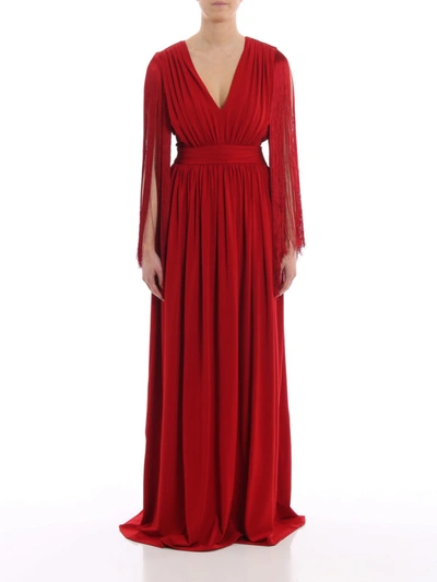 Shop Alberta Ferretti Red Fringed Shoulders Viscose Gown