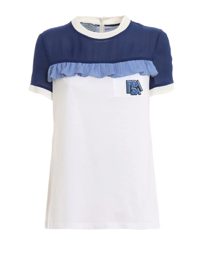 Shop Prada Two-tone Chiffon And Cotton Jersey T-shirt In Dark Blue