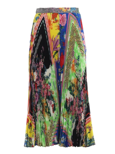 Shop Versace Bloom Print Silk Twill Pleated Midi Skirt In Multicolour