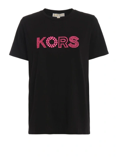 Shop Michael Kors Fuchsia Studded Logo Black T-shirt