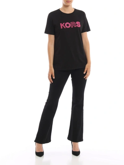 Shop Michael Kors Fuchsia Studded Logo Black T-shirt