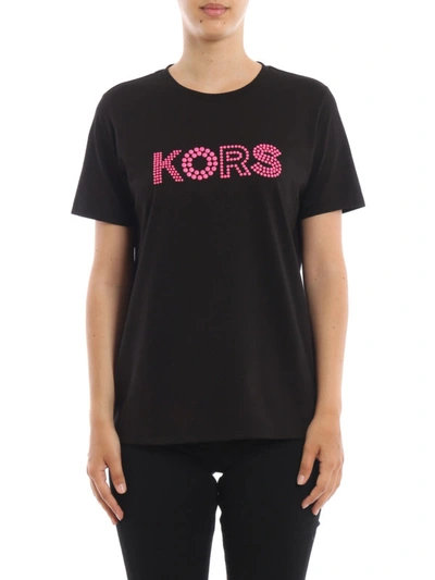 Shop Michael Kors Fuchsia Studded Logo Black T-shirt