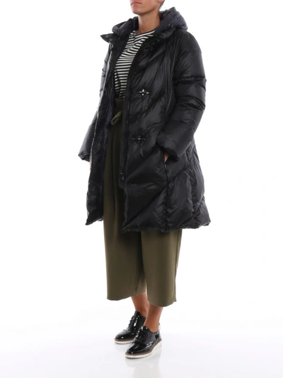 Shop Fay Black Nylon Puffer Coat With Blue Hood